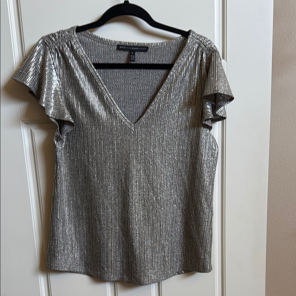 White House Black Market Metallic Silver V-Neck Blouse